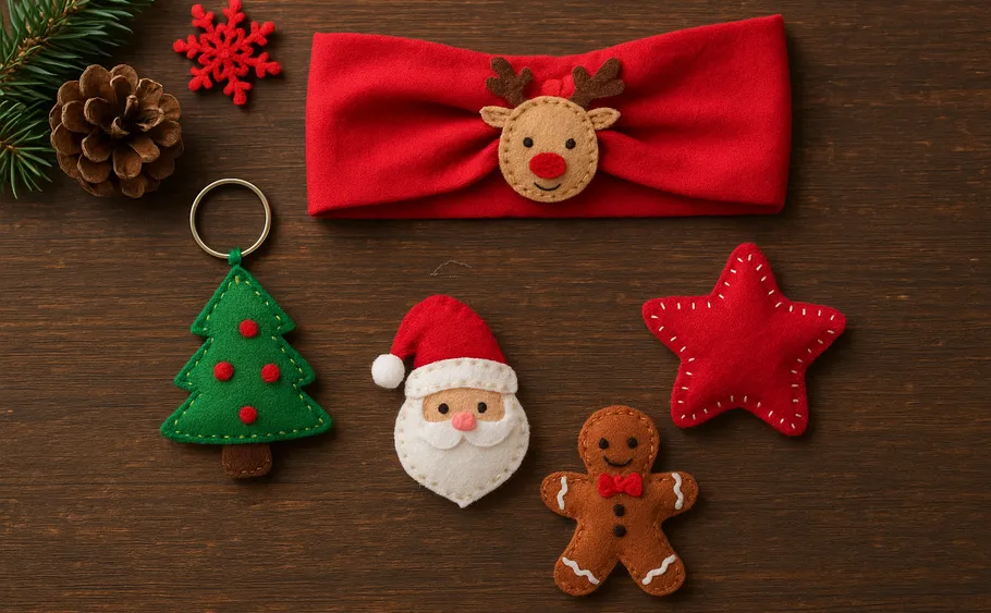 Christmas felt crafts on a wooden surface.