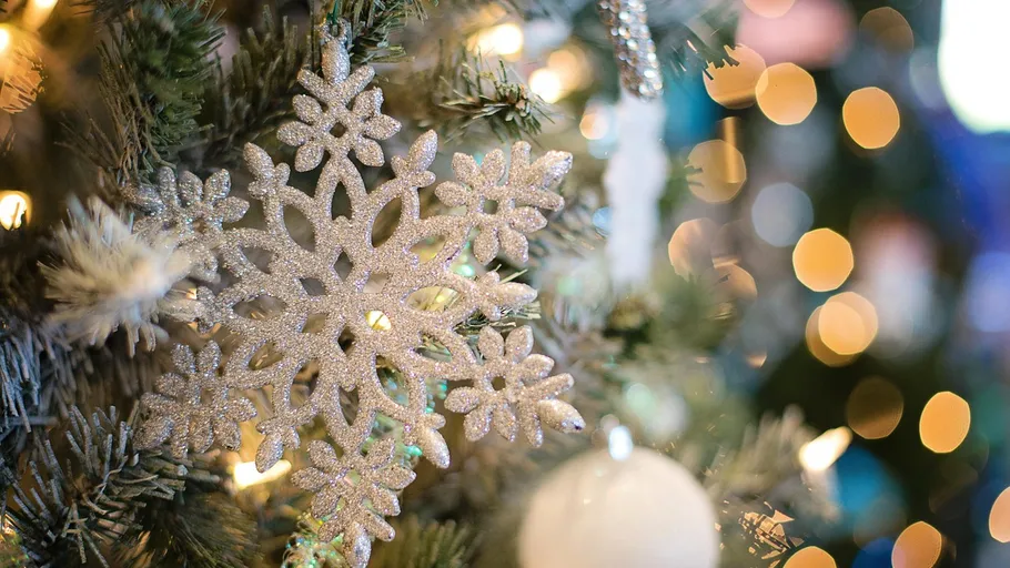 Glittering snowflake ornament on Christmas tree.