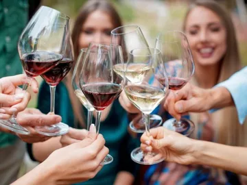 Glasses clash while friends party together.