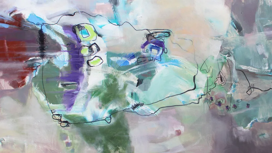 Abstract painting with colorful shapes and lines.