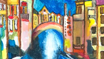 Colorful painting of buildings and bridge.