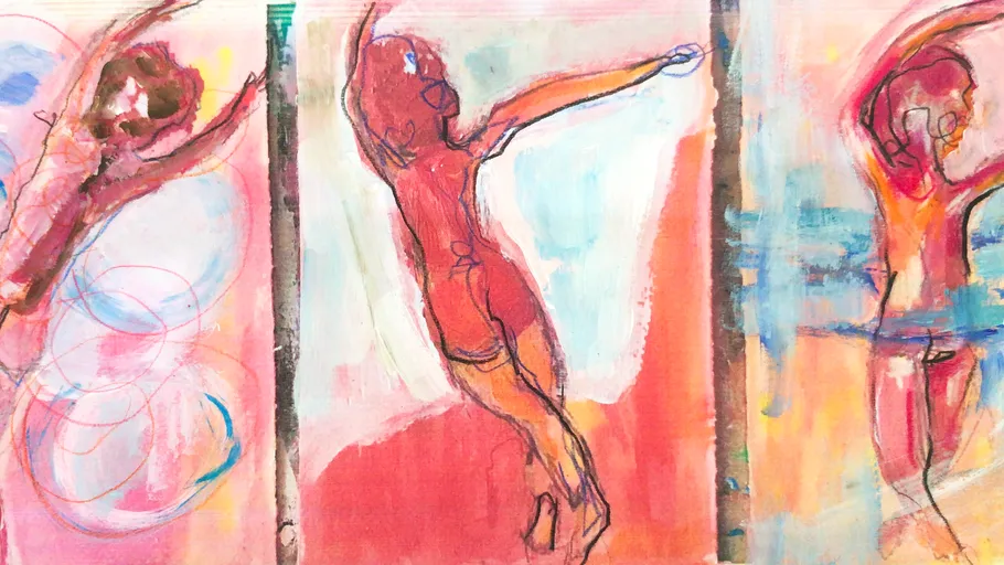 Abstract figures dancing against colorful background.