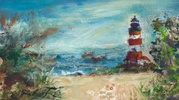 Lighthouse by sea with scenic landscape painting.