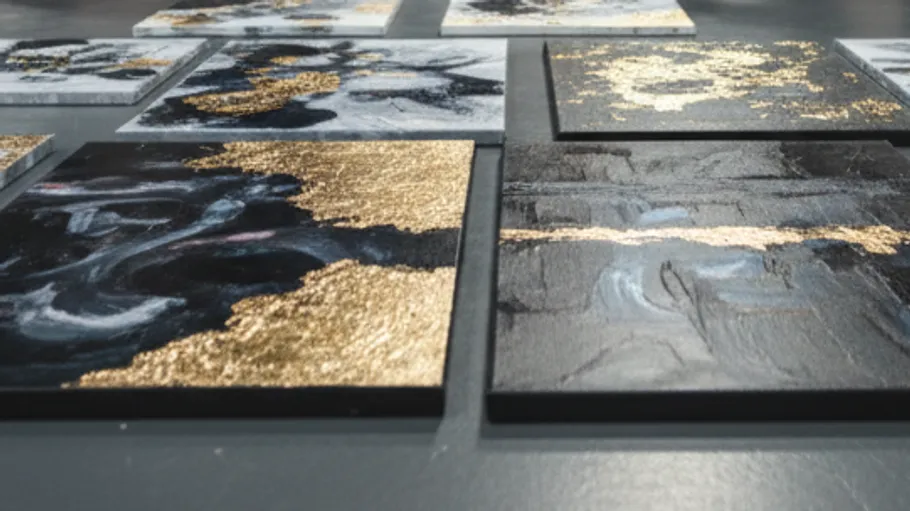 Abstract paintings with gold and dark colors.