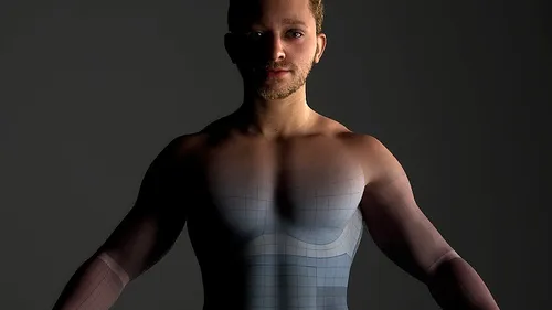 Mann mit digitalem Raster, dunkler Hintergrund.