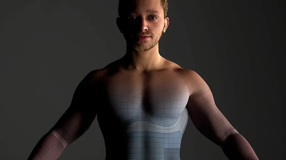 Man with digital grid overlay, dark background.