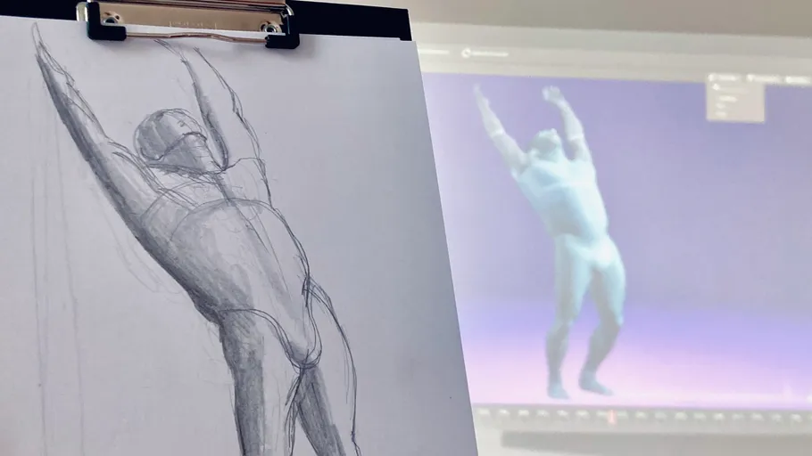 Sketch of figure next to digital model screen.