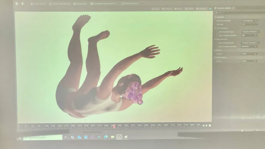 3D-Charakter mit lila Maske auf Bildschirm.