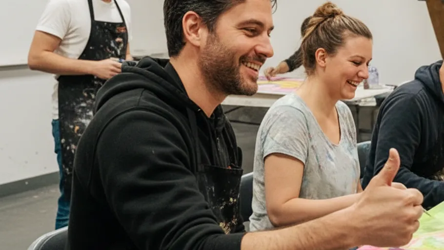 People smiling and painting in a classroom.