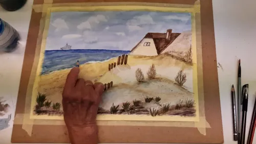 Hand malt Strandlandschaft mit Haus und Meer.