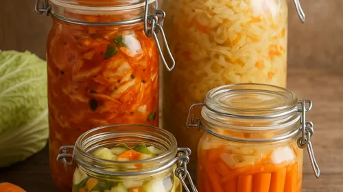 Four jars of pickled vegetables on a table.