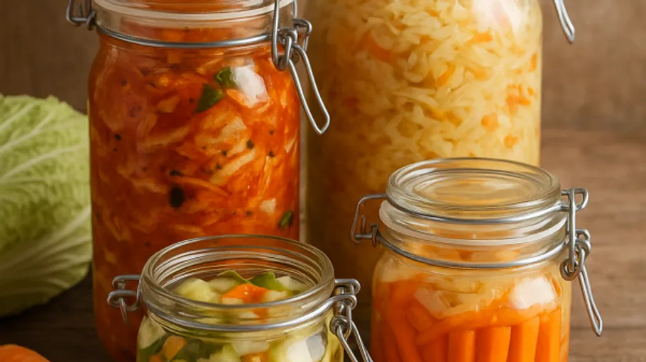 Vier Gläser mit eingelegtem Gemüse auf einem Tisch.