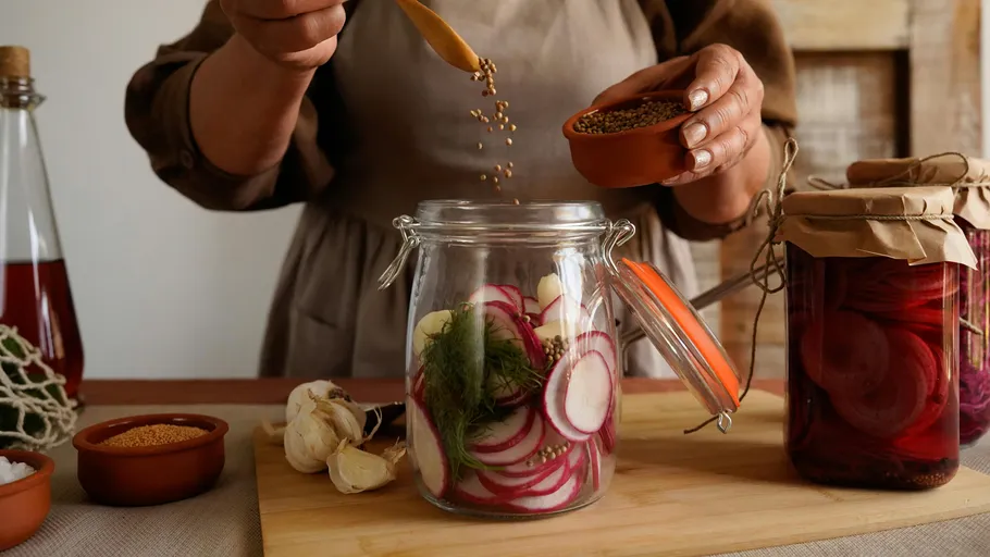 Person adding spices to pickled vegetables jar.