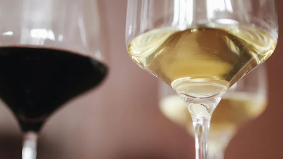 Red and white wine glasses close-up view.