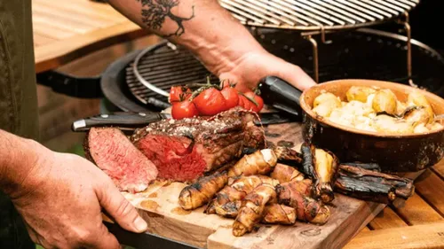 Grilled meat and vegetables on wooden board outdoors.