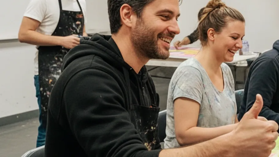 Smiling people participating in art class.