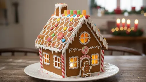 Gingerbread house with candies on a table.