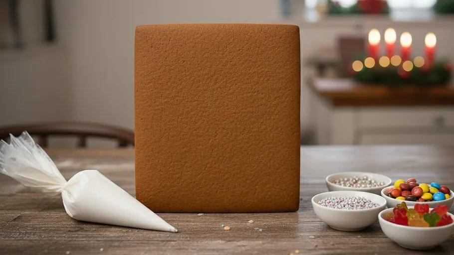 Gingerbread with icing and candy decorations.