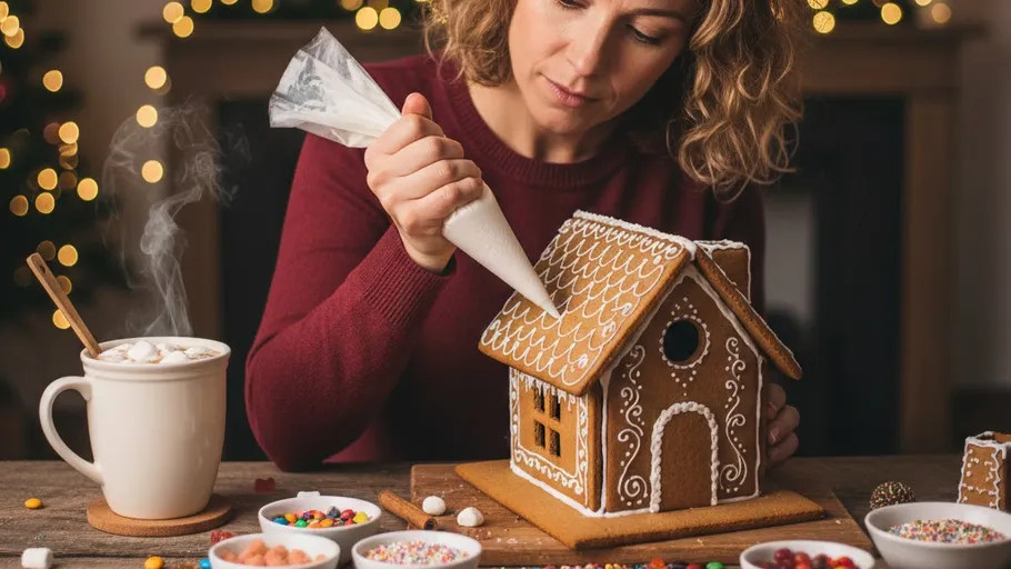 Woman decorates gingerbread house with icing, holiday setting.
