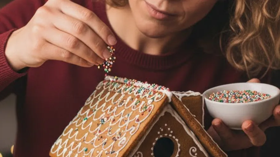Person dekoriert Lebkuchenhaus mit Streuseln, drinnen.
