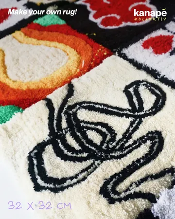 Colorful patterned rugs with abstract designs.