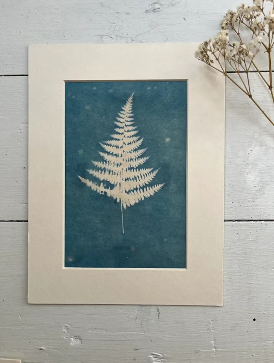 Fern leaf printed on blue background, framed.