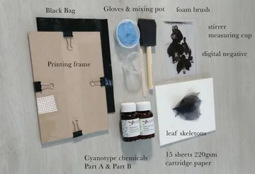 Cyanotypie-Kit-Komponenten auf Tisch beschriftet.
