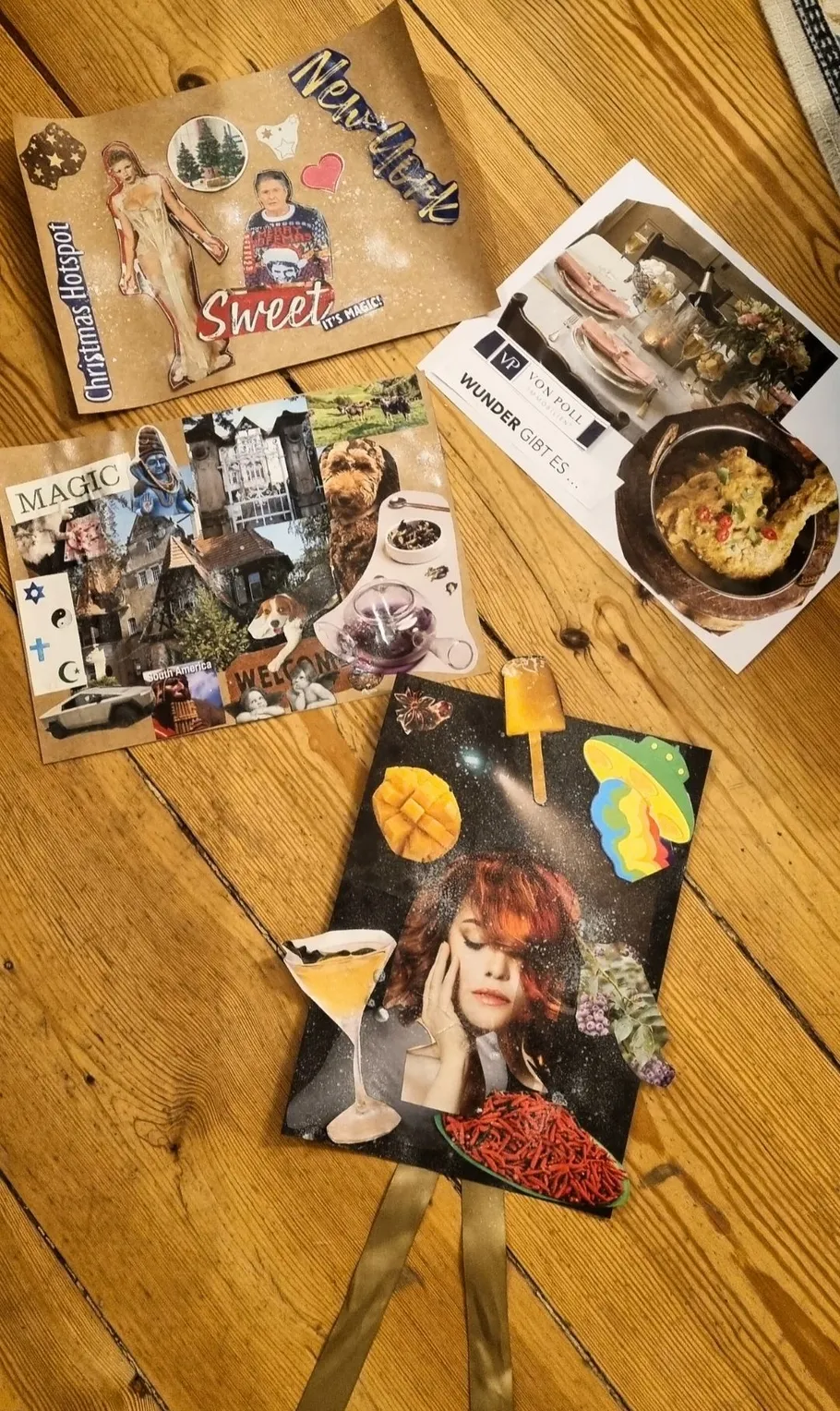 Collages with mixed images on wooden floor.