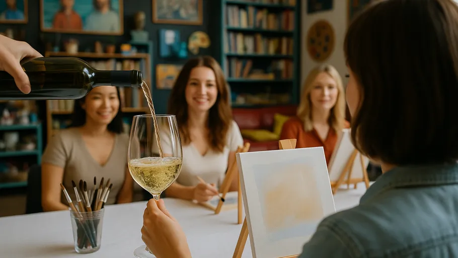 Group painting with wine in cozy room.
