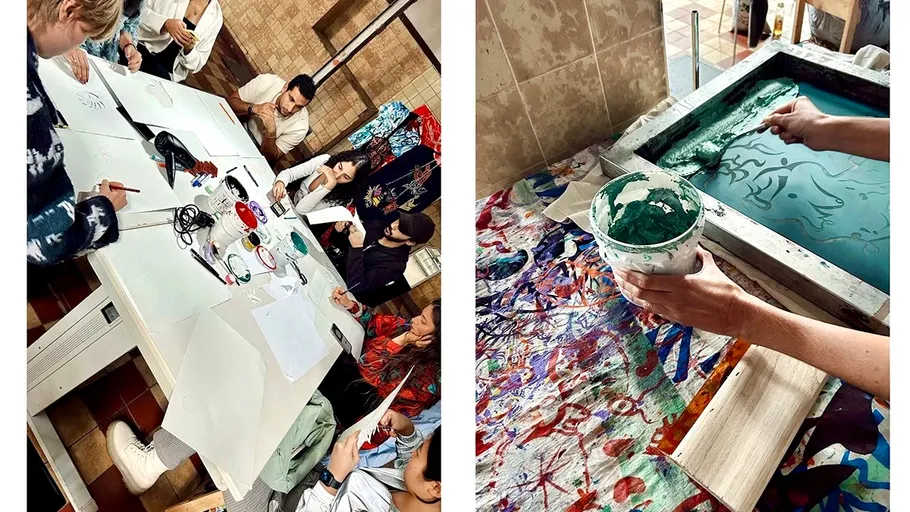 Personen am Tisch, machen Handarbeiten.