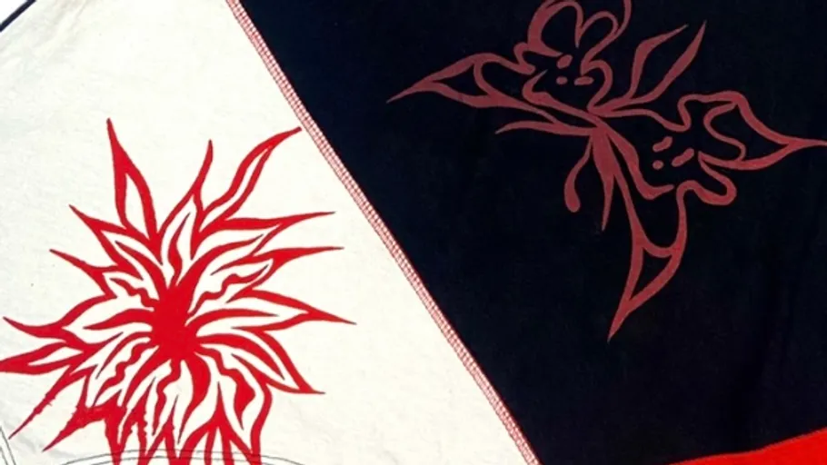 Abstrakte rote Designs auf schwarzem und weißem Hintergrund.