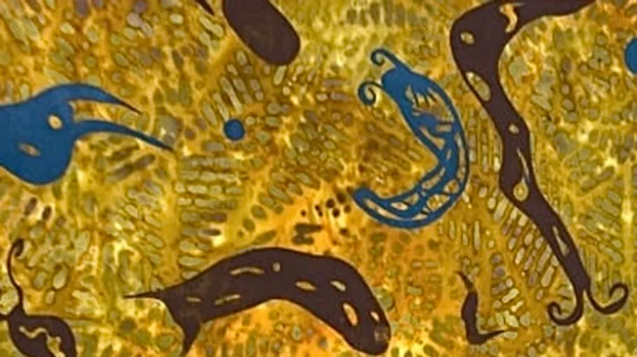 Abstract shapes in a colorful, textured pattern.