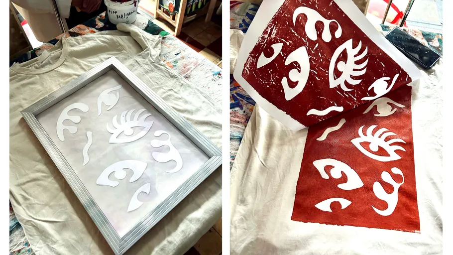 Schablone von Augen auf weißem T-Shirt gedruckt.