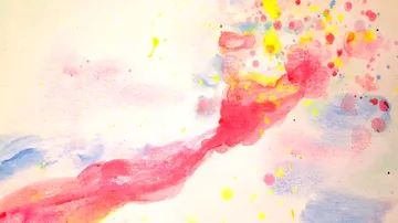 Abstraktes Aquarell mit pinken und gelben Spritzern.