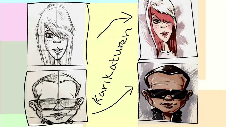 Portrait sketches transformed into caricatures.