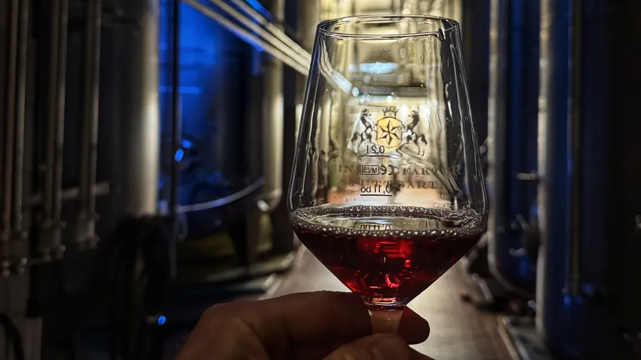 Hand holds wine glass in dimly lit winery.