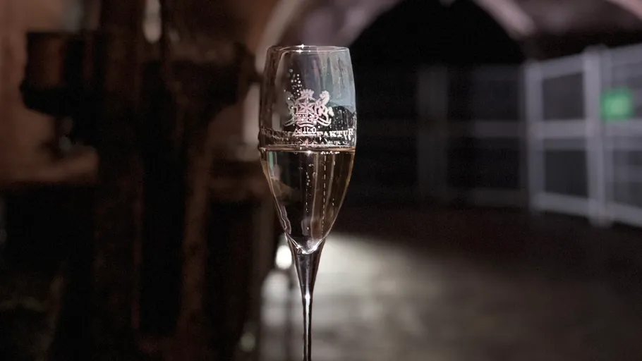 Champagne flute with bubbles in a dim setting.