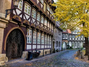 Half-timbered houses stand in a paved alley with trees.