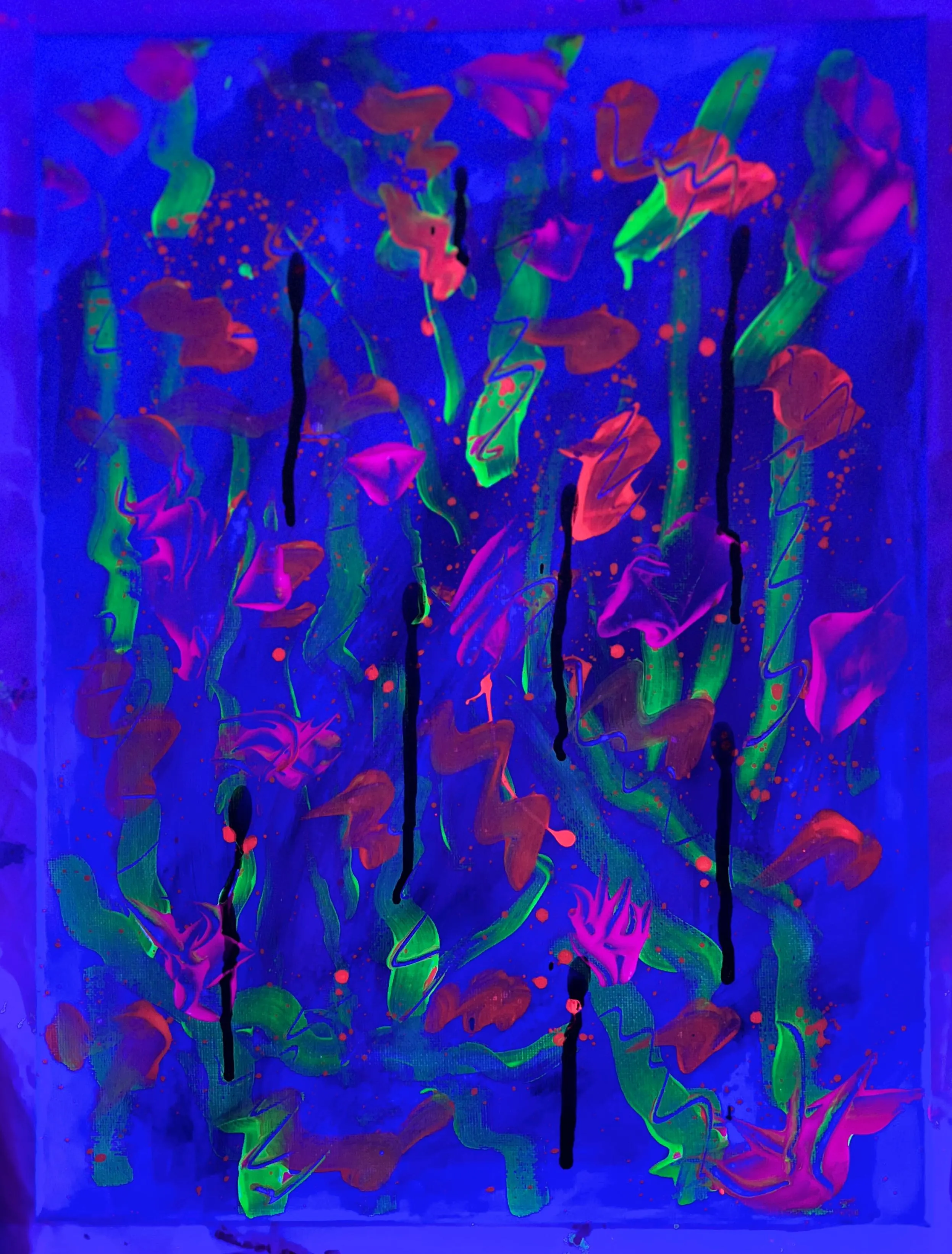 Buntes abstraktes Gemälde mit leuchtenden Neonfarben.