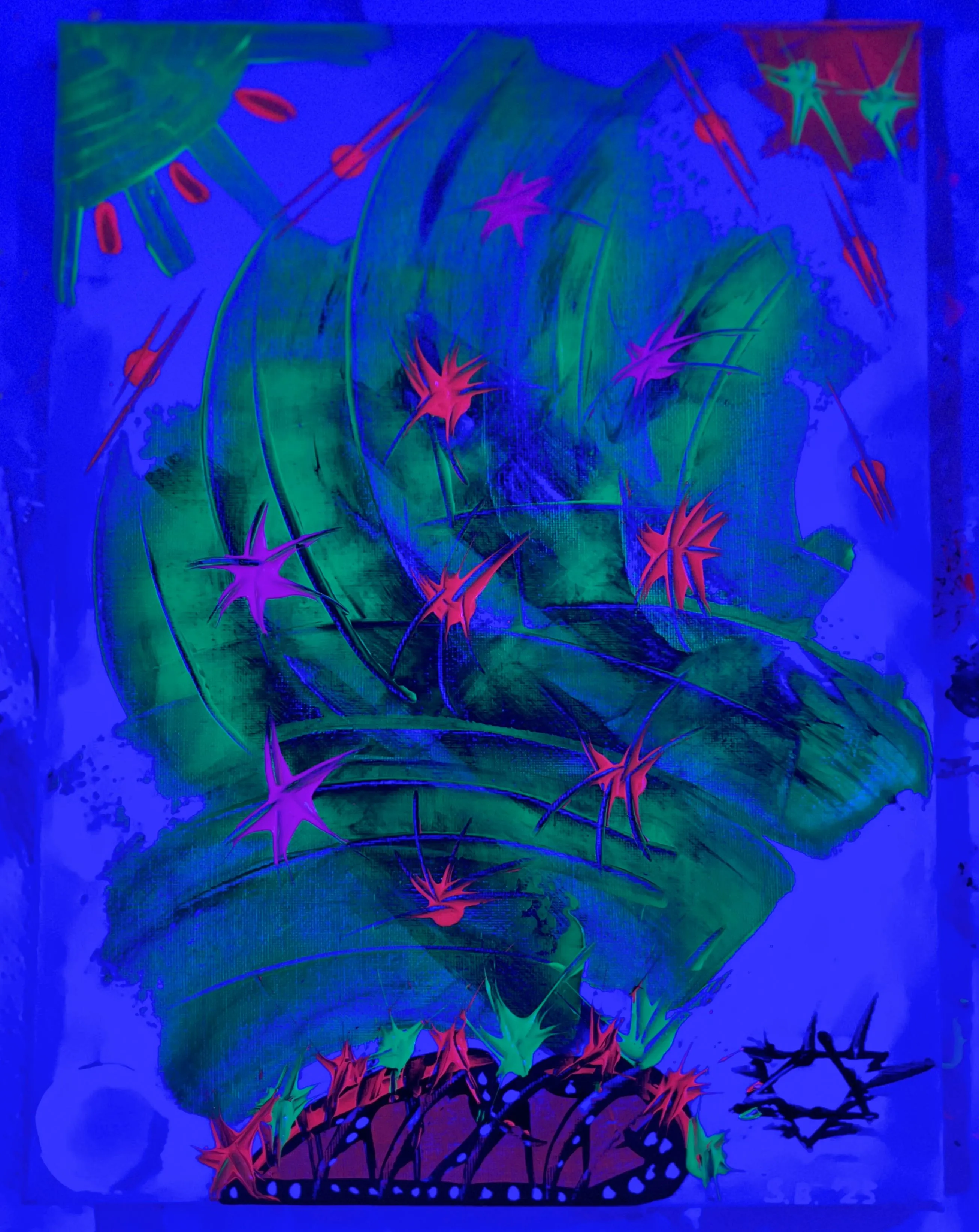 Abstraktes Gemälde mit lebendigen Farben und Sternformen.