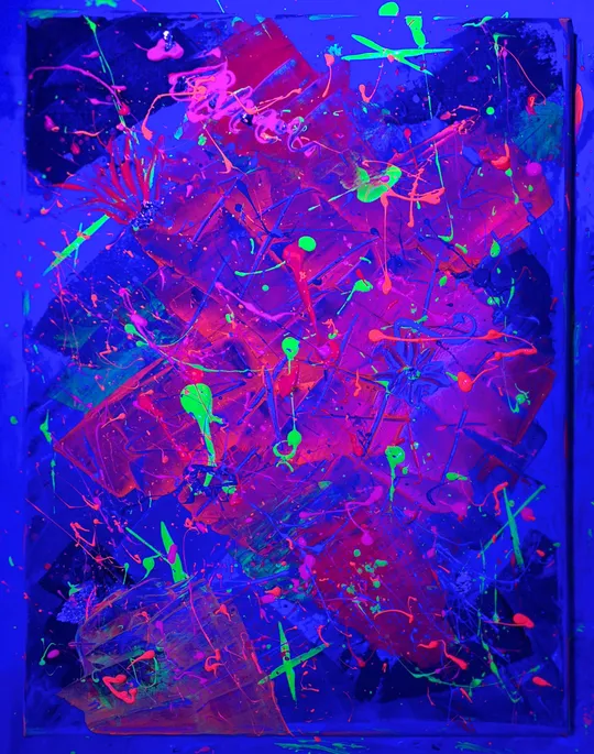 Buntes abstraktes Gemälde mit Neon-Spritzern.