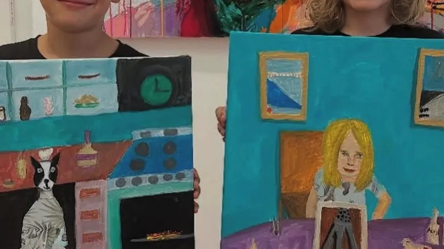 Two children holding colorful paintings indoors.