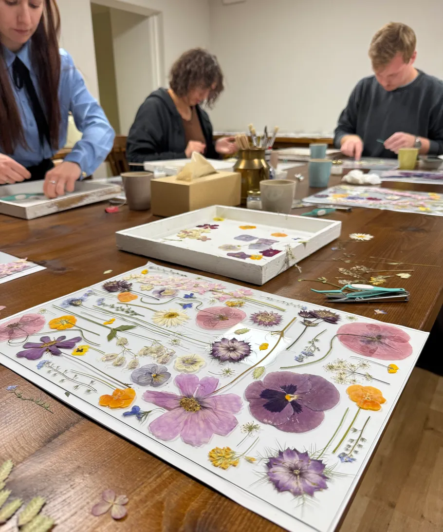 Menschen basteln mit gepressten Blumen im Workshop.