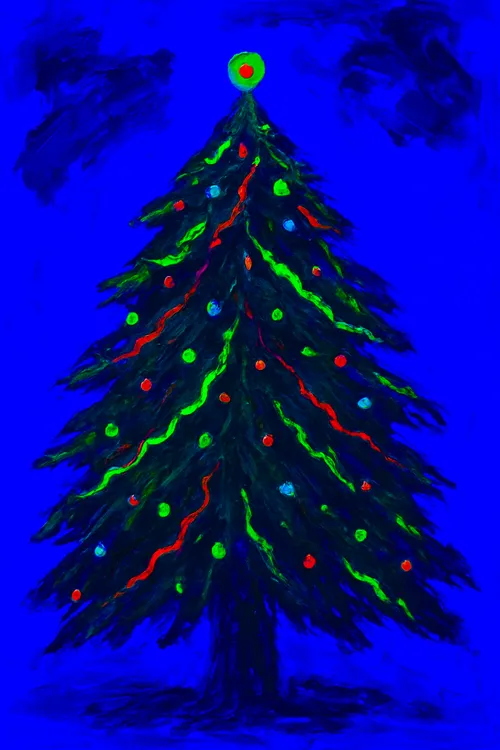 Weihnachtsbaum mit bunten Lichtern, Nachtszene.