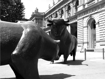 Two bull sculptures face each other in front of a building.