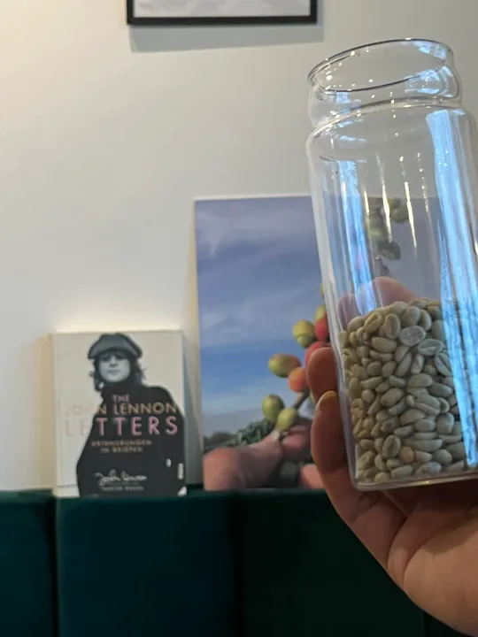 Glas mit Bohnen wird drinnen gehalten.