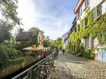 Plant-covered houses stand on a cobblestone path along a canal.