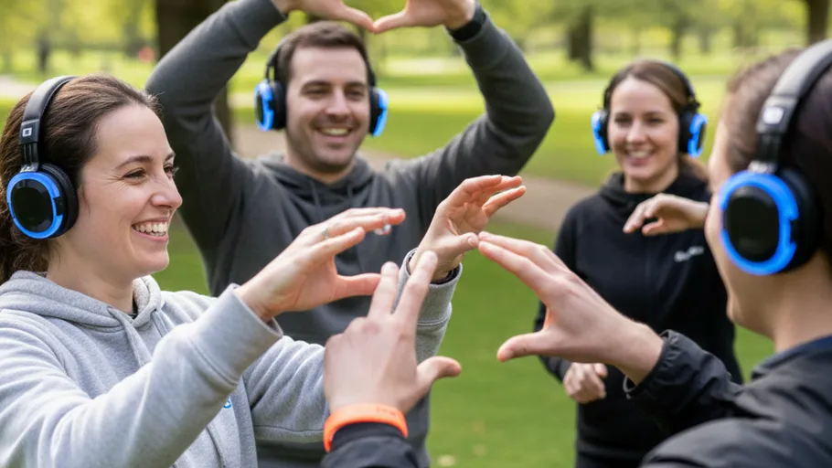 People wearing headphones forming heart shapes outdoors.