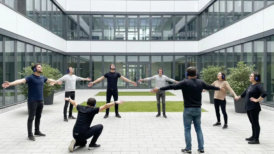 People standing in a circle, arms outstretched, headphones on.