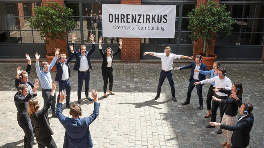 Personen im Kreis heben Hände im Hof.